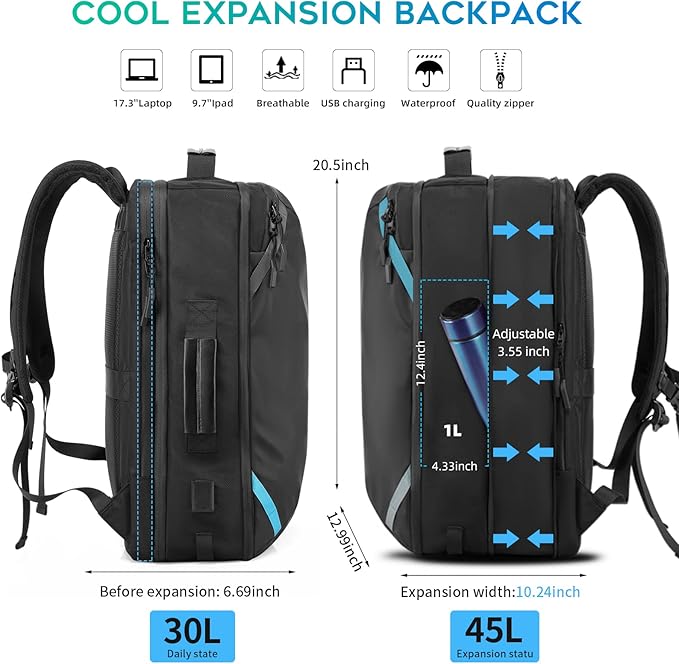 Travel Carry on Backpack, Extra Large Expandable 45L Backpack - Image 3