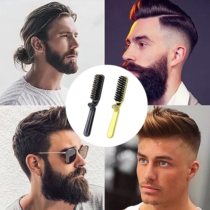 Foldable Boar Bristle Hair Brush, 2 Pcs Travel Folding Collapsable Pocket Size Brush for Women, Anti-Static Range Styling Tool Mini Beard Brush for Men (Black & Gold)