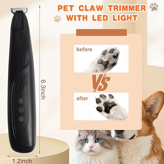 Professional Dog & Cat Trimmer - Quiet Electric Pet Grooming Kit for Ears/Eyes/Paws with LED Light - Cordless Battery-Powered Fur & Nail Clipper for Small/Large Breeds (Black)