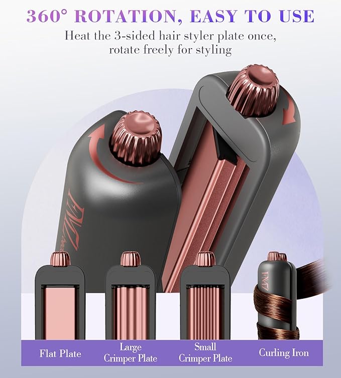 FMZ Flat Iron Hair Straightener Curler and Crimper, Professional 4 in 1 Hair Styling Irons for Straightening, Crimping, Curling, Dual Voltage, Auto Shut-Off, Small and Portable for Women Travel Home