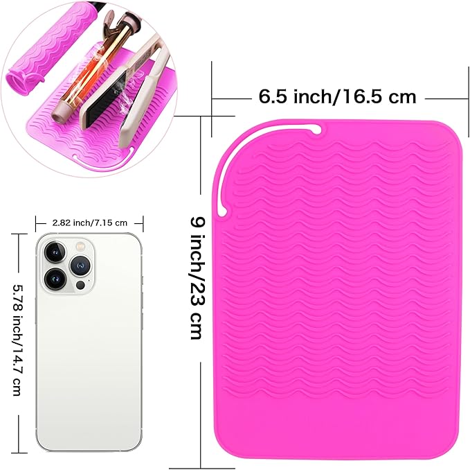 Heysam Silicone Heat Resistant Mat for Flat Iron Hair Straightener Pad, Travel Portable Curling Iron Pad, Non-Slip Vanity Mat for Hair Tools, Size 9"x6.5", Rose Red