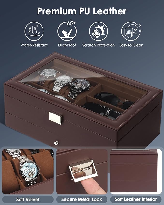 Watch Jewelry Box Organizer, 6-Slot 2-Layer Watch Case and Sunglasses Storage - Image 5