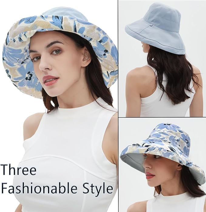 vidsel Womens Sun Hats Wide Brim Reversible Bucket Cotton Hat Packable Summer - Image 5