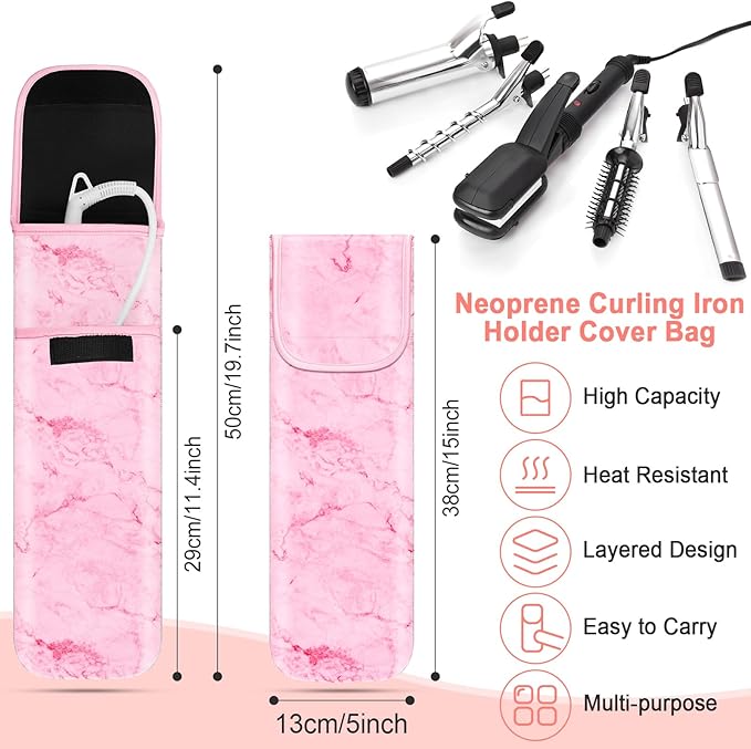 Shappy 2 Pcs Heat Resistant Hair Tools Bag Curling Iron Travel Case Cover Neoprene Flat Iron Holder Travel Case and Silicone Mat Pouch for Hot Hair Tools Storage Organizer(Pink Marble Style)