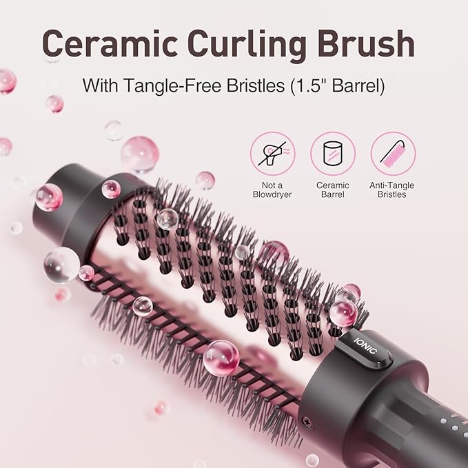 Thermal Brush Hair Curling Brush, 30s Fast Heated Round Brushes 1.5" for Long Lasting Look, Negative Ion Tech, 5 Temp Settings, Less Damage, Universal Voltage for Travel, Easy to Use, Rose Gold