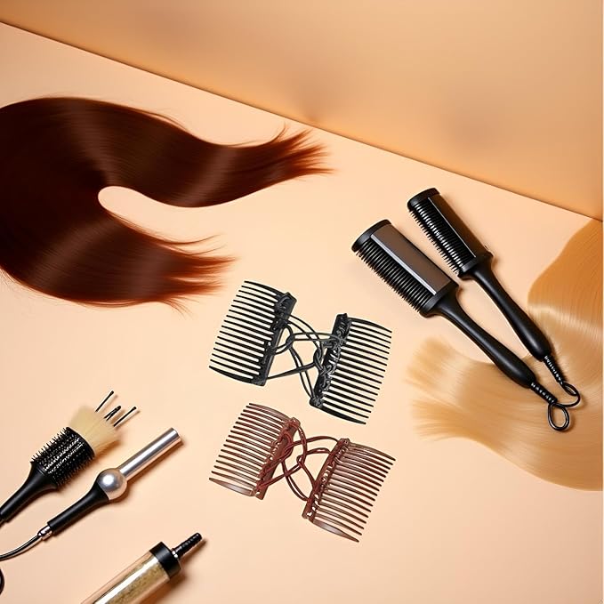 2 Pcs Plastic Elastic Double Hair Comb - Adjustable Elastic Bun Comb & Clip for Curly, Thick, Wavy Hair (Black+Brown)