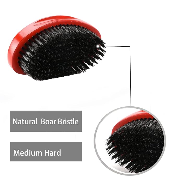 360 Curved Wave Brush - Medium Hard Palm Brush with Beech Wood and Boar Bristles for Men's Hair Styling and Beard Grooming (Red)