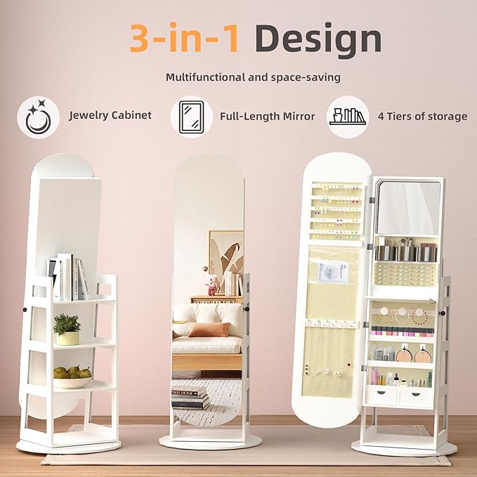 RQZ 8 LEDs Jewelry Cabinet Armoire Standing, 360° Swivel Jewelry Organizer - Image 5