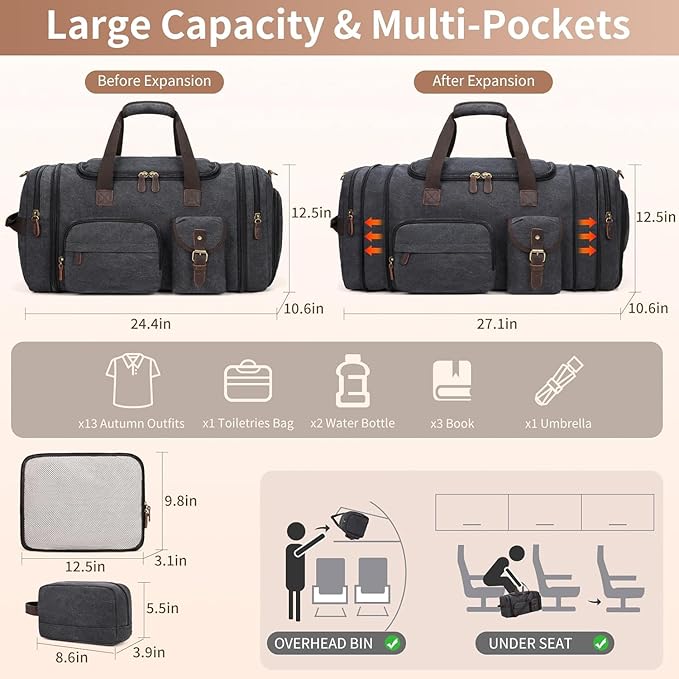 Mens Duffle Bag for Travel 3Pcs Set Travel Bags for Men 60L Expandable Canvas - Image 4