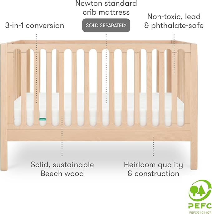 Newton Baby Galileo Standard Crib, Solid Beech Wood in Natural Color, 3-in-1 - Image 7