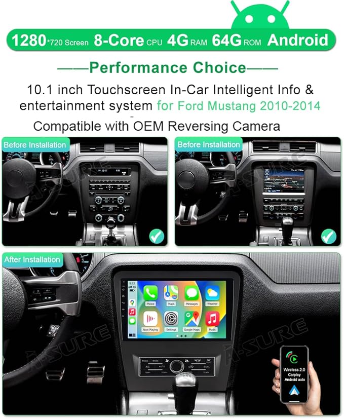 ASURE Car Stereo Radio Upgrade for Mustang 2010-2014, 10.1 inch 8Core 4G+64G - Image 2