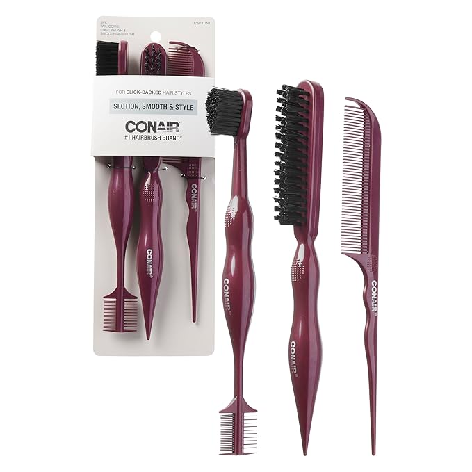 Conair Slick Back Tail Comb Set, 3-Pack with Fine Tooth Tail Comb, Edge Brush, and Smoothing Brush for Teasing, Parting, and Smoothing Sleek Hair Styles, Control Hair Flyaways