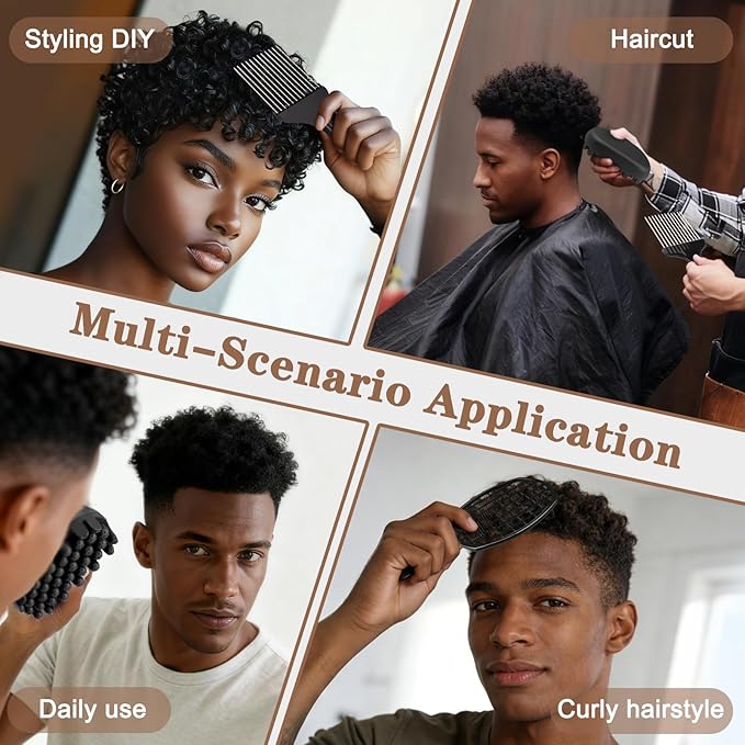 3 Pack Silicone Curling Hair Brush & Metal Afro Pick Hair Comb Set – Durable Washable Curl Sponge for Black Men, Natural Hair, Dreadlocks, Coils & 4C Afro HairStyling Tool