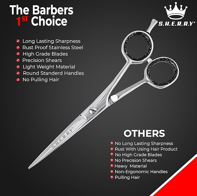 Professional Barber Shears 6” – High Carbon Stainless Steel Hair Cutting Scissors with Razor Sharp Edge for Salon & Home Use by S.H.E.R.R.Y (Silver, 6 inches)