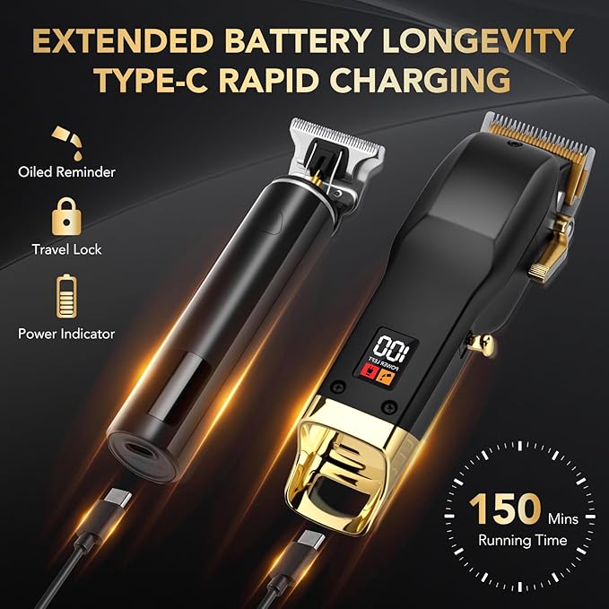 Hair Clippers for Men, Professional Cordless Barber Set with LED Display, 14 Guide Combs, Rechargeable Electric Shaver & Trimmer Kit (Black)