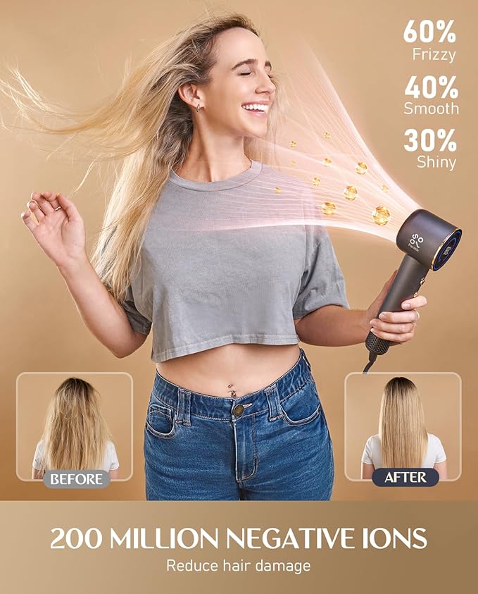 Fanttik Solo SonicDry H10 APEX 80% Faster Drying with 110,000 RPM Brushless Motor Hair Dryer, 56dB Low-Noise, 0.74lb LightFlow Blow Dryer, Ionic Tech for Travel, Home, Salon - Grey