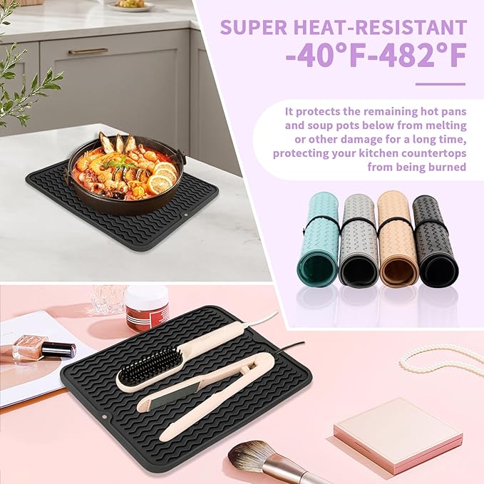 Oversize Silicone Heat Resistant Mat, Heat Mat with for Curling Iron, Travel Cover Cushion for Curling Irons, Hair Bands and Styling Tools(15.7" X 11.8") (Black)