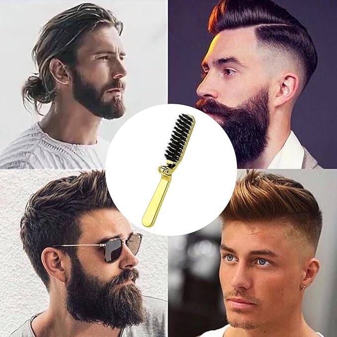 Foldable Boar Bristle Hair Brush, Small Folding Hairbrush Collapsable Mini Travel Hair Brush Anti-Static Range Hair Brush for Women, Portable Pocket Comb Hair Styling Tool,Beard Brush for Men (Gold)