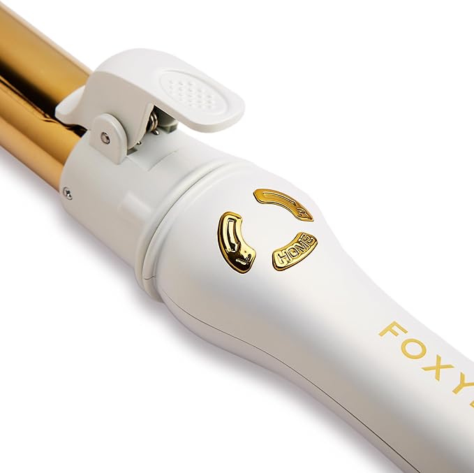 FoxyBae Automatic Curling Iron - Professional Auto Rotating Hair Curler Wand for Long Hair w/Temp Control -1.25” Titanium Hot Hair Styling Tools for Silky Curls - Self Hair Curlers [Pearl White-Gold]