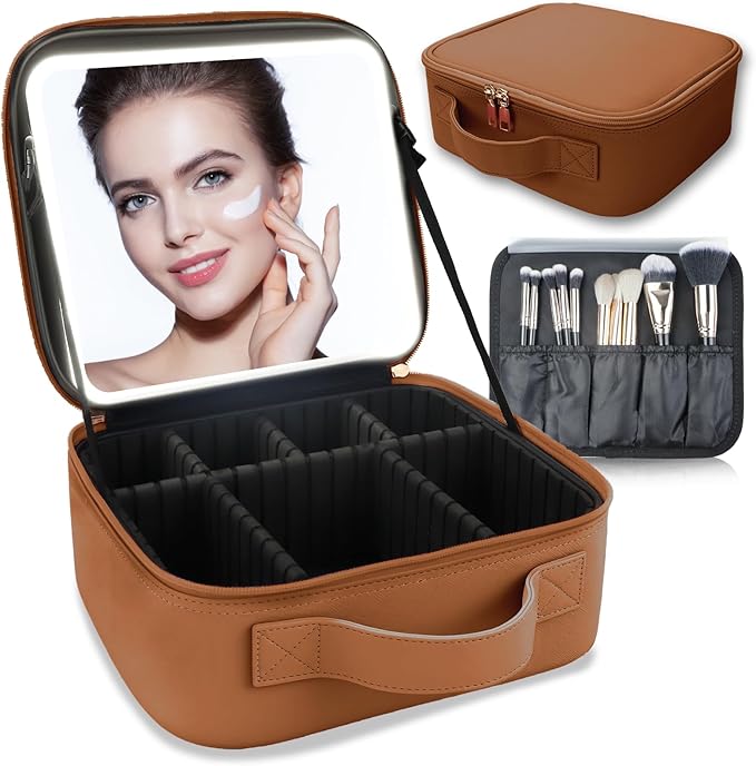 Makeup Bag with Led Mirror, Travel Makeup Organizer with 3 Color Setting by SUILU