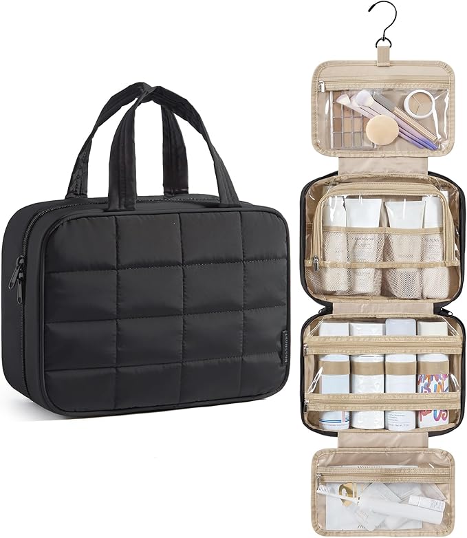 BAGSMART Travel Toiletry Bag for Women, Hanging Travel Bag for Toiletries, Puffy Makeup Cosmetic Bag Organizer, Carry-on Travel Accessories Essentials, Black