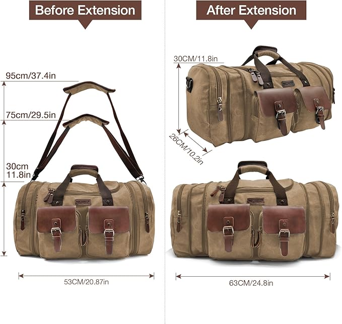 Wildroad 50L Travel Duffel Bag, Expandable Canvas Genuine Leather Duffle Bag - Image 7