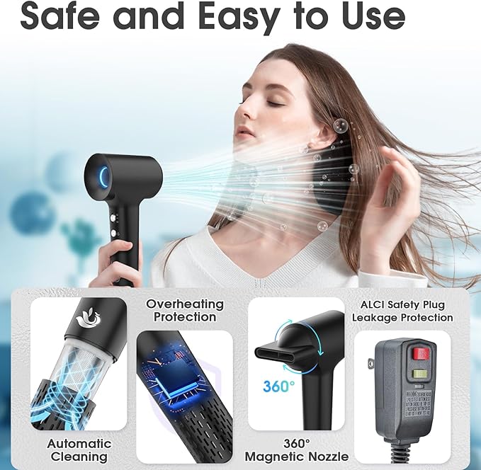 KARFUN Hair Dryer, 110000 RPM High-Speed Brushless Motor Fast Drying Blow Dryer, 57dB Low Noise Hair Dryer for Home or Travel, 3 Temps & 2 Speeds (Black)