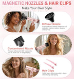 FMZ Professional Hair Blow Dryer with Smart Display, 1875W High Speed BLDC Motor for Fast Drying, Portable Mini Lightweight Quiet, Pink Curly Ionic Diffuser HairDryer for Women Girls Teen Salon Travel