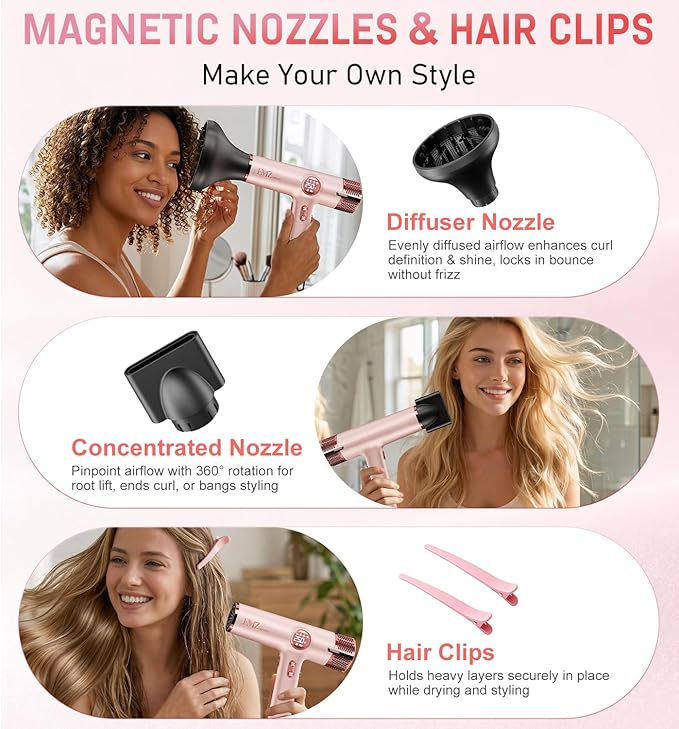 FMZ Professional Hair Blow Dryer with Smart Display, 1875W High Speed BLDC Motor for Fast Drying, Portable Mini Lightweight Quiet, Pink Curly Ionic Diffuser HairDryer for Women Girls Teen Salon Travel