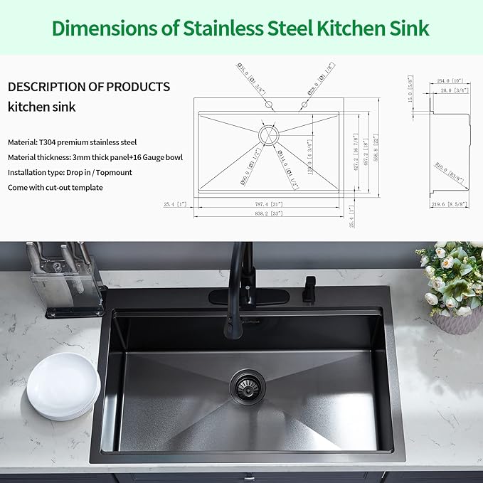 Kitchen Sink, 33 x 22 Drop in Kitchen Sink Gunmetal Black 16 Gauge Stainless - Image 7