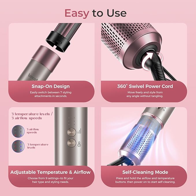 7-in-1 Hair Dryer Brush Blow Dryer, Hot Air Brush Styler with Travel Bag– Fast Drying, Curling, Straightening & Volumizing – 1500W High-Speed Motor 110,000 RPM – All Hair Types – Pink