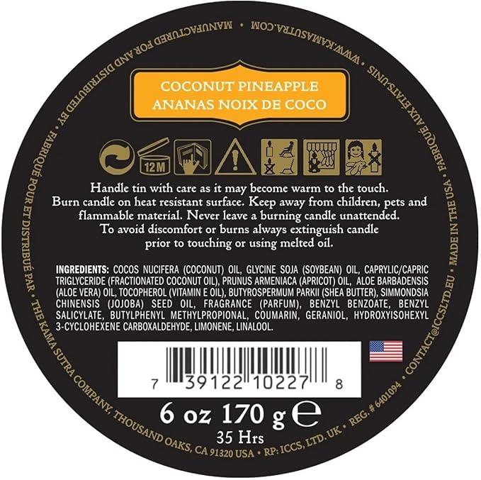 KAMA SUTRA Ignite Coconut Pineapple 6 oz Massage Candle - Coconut Oil and Soy Based, Melts into a Warm Oil, Couples, Pour Spout Candle