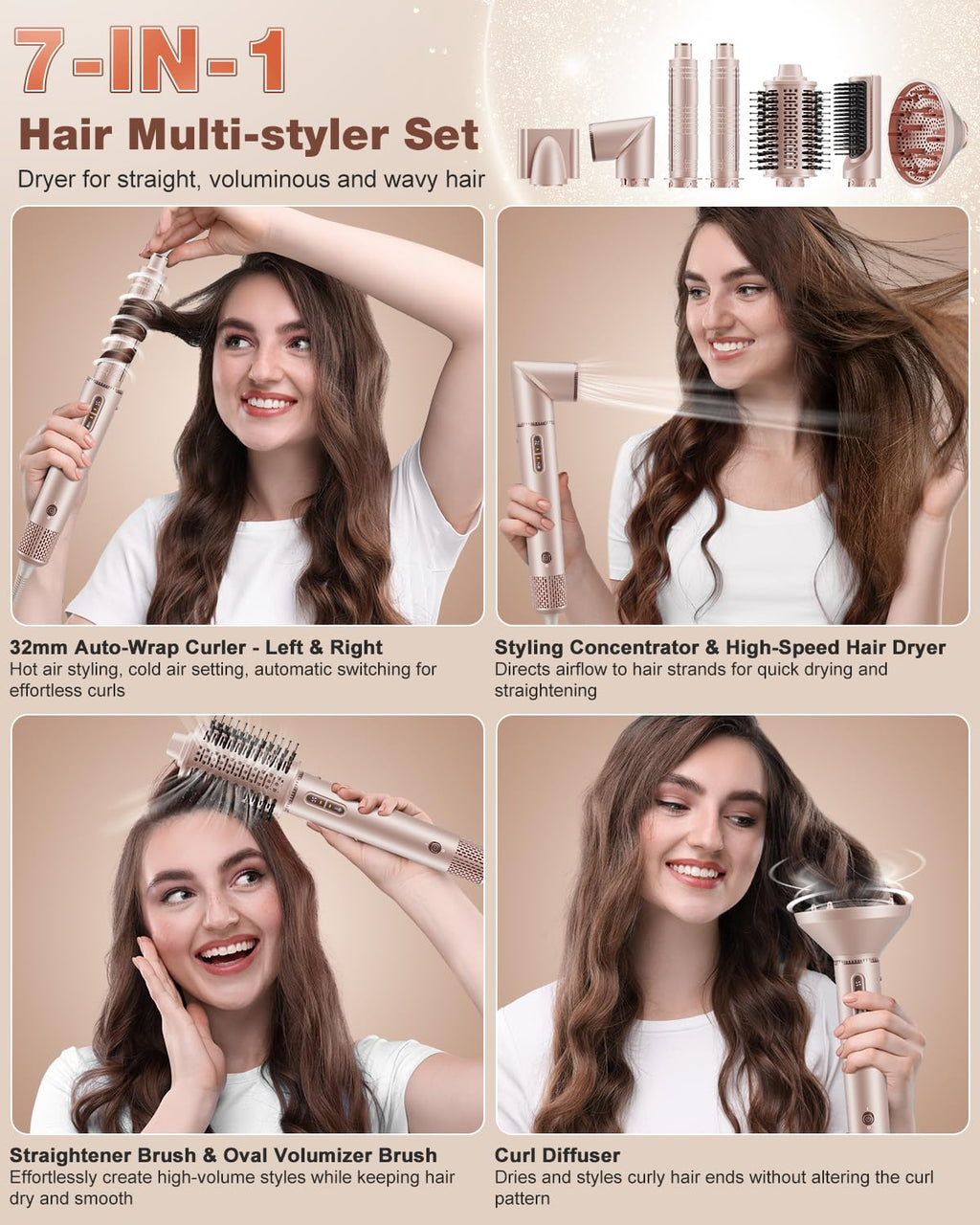 7-in-1 Air Multi-Styler & Hair Dryer Brush with Auto-Wrap Curlers (Pink)