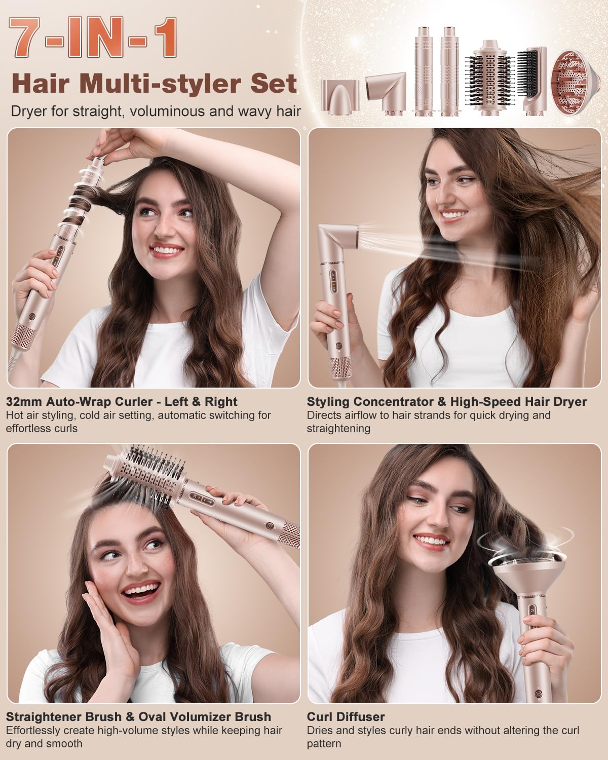 7-in-1 Air Multi-Styler & Hair Dryer Brush with Auto-Wrap Curlers (Pink)