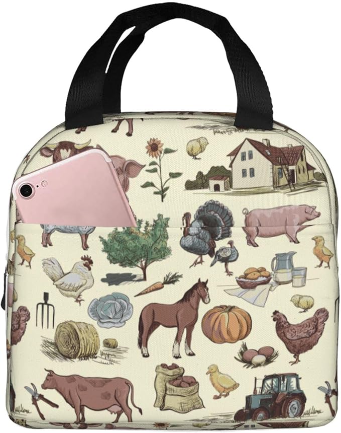 Farm Animal Lunch Bag Farm Lunch Box Insulated Reusable Lunch Tote Bag Cooler by DMPROD
