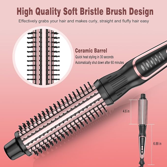 Thermal Brush, Heated Round Brush & Curling Iron with Ceramic Ionic Technology, Hair Tools for Volumizing & Styling, Travel-Friendly Hot Comb with Adjustable Temperature（Rose Gold 1.25 inch）
