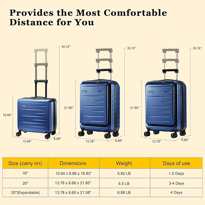 16 Inch Carry On Luggage Airline Approved, Expandable Lightweight ABS+PC Hard - Image 9