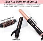 FoxyBae 3-in-1 Interchangeable Hair Tools - Curling Wand w/ 3 Attachments - Hot Round Brush, Straightening Iron & Hair Curler for Shiny Curls - Hair Dryer Brush & Hair Styling Set [Black-Rose Gold]