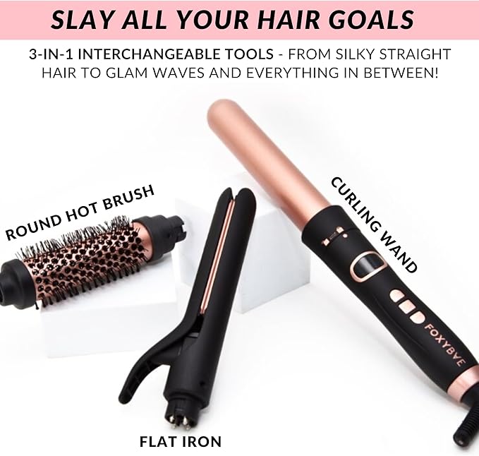 FoxyBae 3-in-1 Interchangeable Hair Tools - Curling Wand w/ 3 Attachments - Hot Round Brush, Straightening Iron & Hair Curler for Shiny Curls - Hair Dryer Brush & Hair Styling Set [Black-Rose Gold]