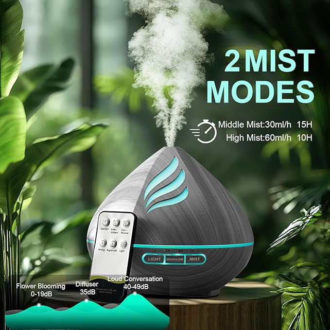 Essential Oil Scent Diffuser: 500ML Aroma Diffuser with Remote Control, Large Fragrance Aromatherapy Diffuser for Bedroom Home, Mist Humidifier & 14 Colors LED Lights and waterless Auto-Off, Dark Grey