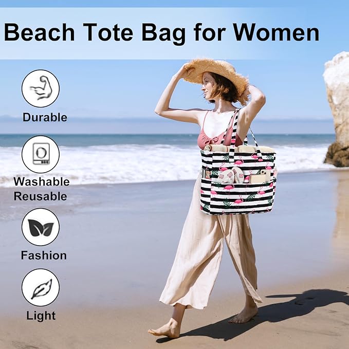 LEDAOU Large Beach Tote Bag Women Waterproof Sandproof Zipper Beach Tote Bag - Image 5