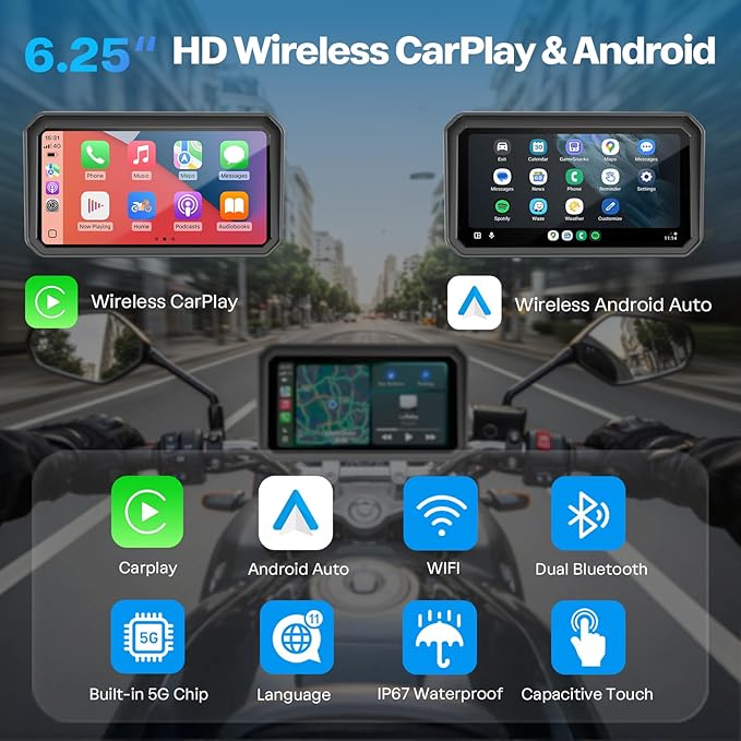 WonVon 6.25 Inch Wireless Motorcycle Carplay GPS Navigation System - Image 3