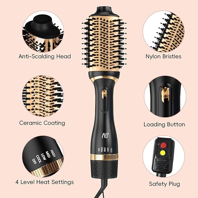 Hair Dryer Brush Set, Multifunctional Hot Air Brush for Salon Blowouts, Negative Ion Technology & Quick Drying, Shiny and Less Frizz, Black Gold