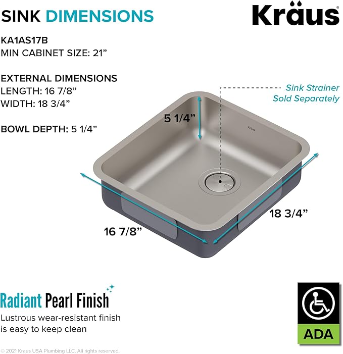 KRAUS Dex 17-inch Undermount 16 Gauge Stainless Steel Single Bowl ADA Kitchen - Image 7