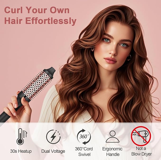 hopopower 1.25/1.5 Inch Curling Iron Brush Ceramic Double PTC Heated Round Hair Curling Comb, Tourmaline Ionic Hot Hair Curler Thermal Brush Blowout Dual Voltage for Traveling (1.5inch)