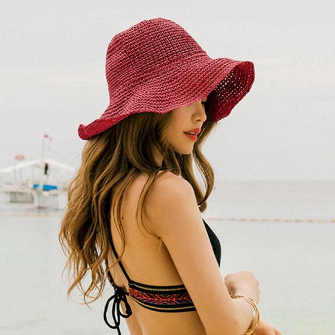 Womens Wide Brim Straw Sun Hat Foldable Floppy Crochet Beach Hat - Image 8