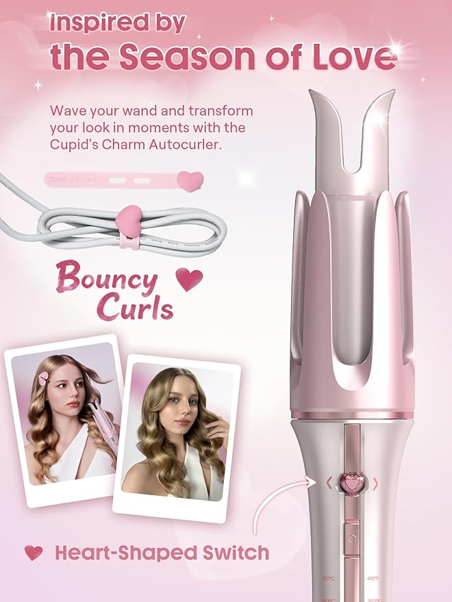 SHEGLAM Pink Curling Iron Automatic Gift for Woman (Pink, 1.25 inch) Cupid's Charm One-Touch Instant Curler