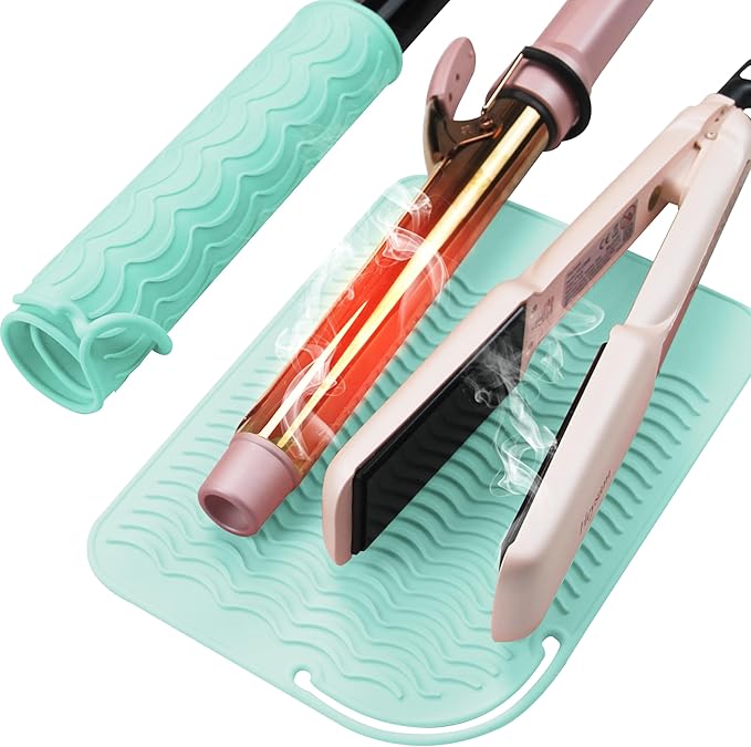 Heysam Professional Heat Resistant Mat Silicone Pad for Flat Iron Hair Straightener Mat, Portable Hot Tools Cover Pad for Vanity Salon, 9"x6.5" Non-Slip Heat Mat Cover for Countertop, Green
