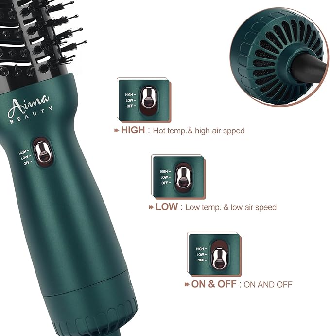 Aima Beauty Hair Dryer Brush Dual Voltage Worldwide Travel Blow Dryer Brush Hot Air Brush Oval Barrel 110-120V/220-240V 360°Airflow,Negative Ionic Frizz-Free Dry/Straightening/Voluming, Dark Green