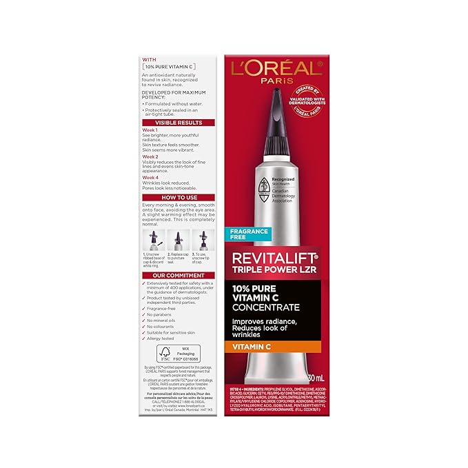 L'Oreal Paris Revitalift 10% Pure Vitamin C Face Serum for Brighter Skin & Reduced Wrinkles, Fragrance Free, 1 0z.